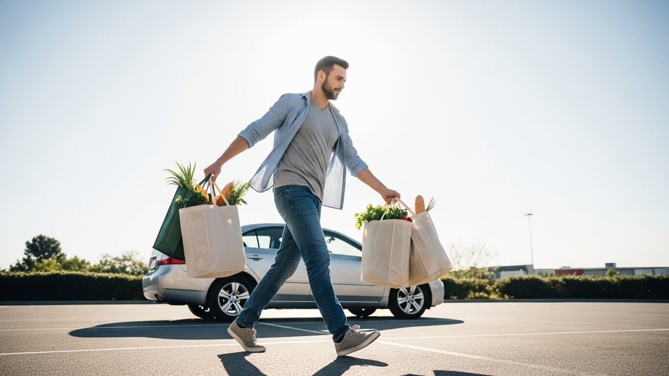 Man carrying multiple grocery bags walking in a parking lot near a silver car on a sunny day