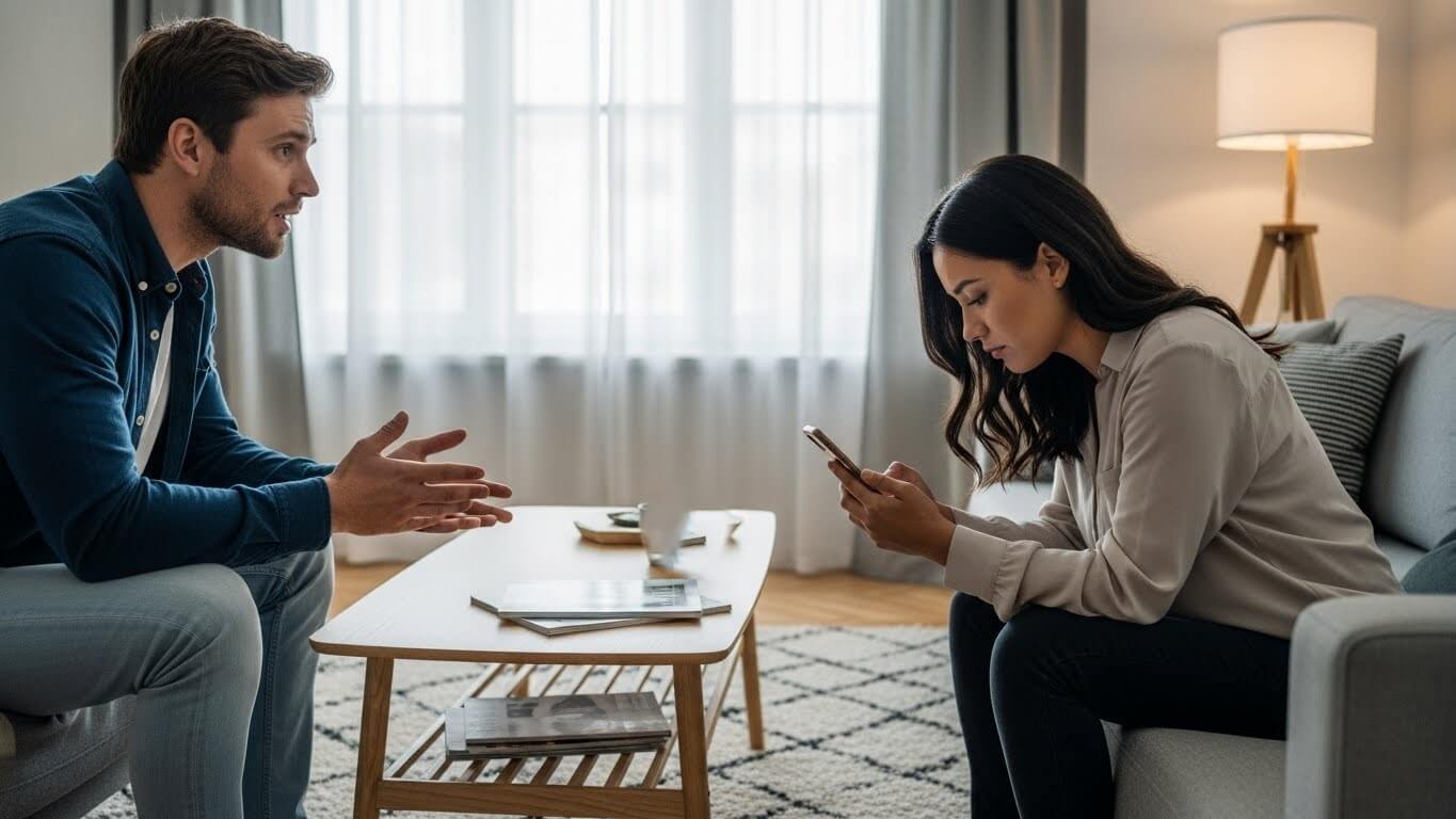 Man talking to woman who is looking at her phone in a living room setting