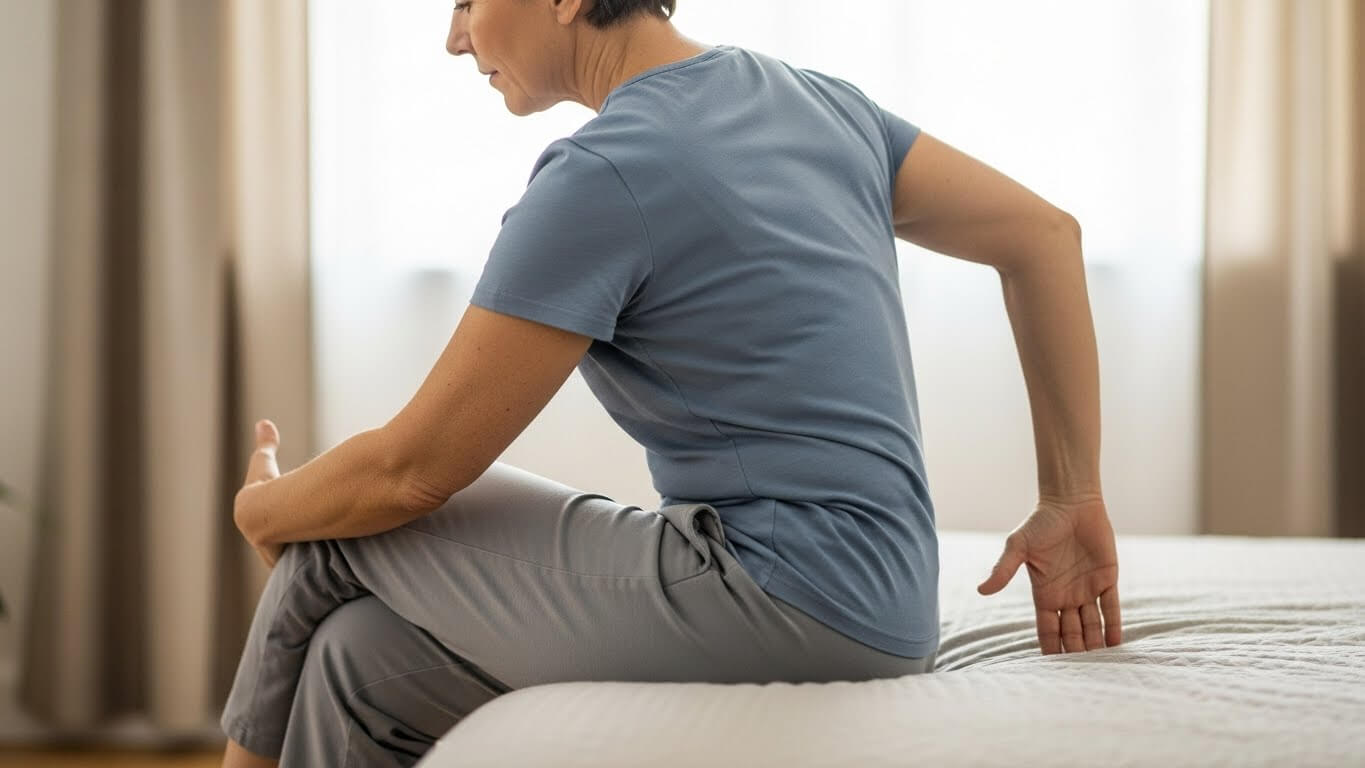 Middle-aged woman in blue shirt sitting on bed holding her lower back in pain