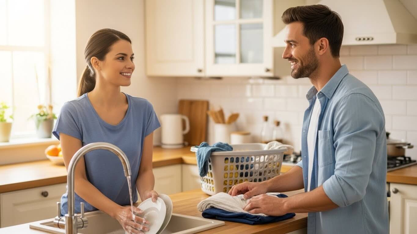 Couple smiling while washing dishes and folding laundry in a bright kitchen.