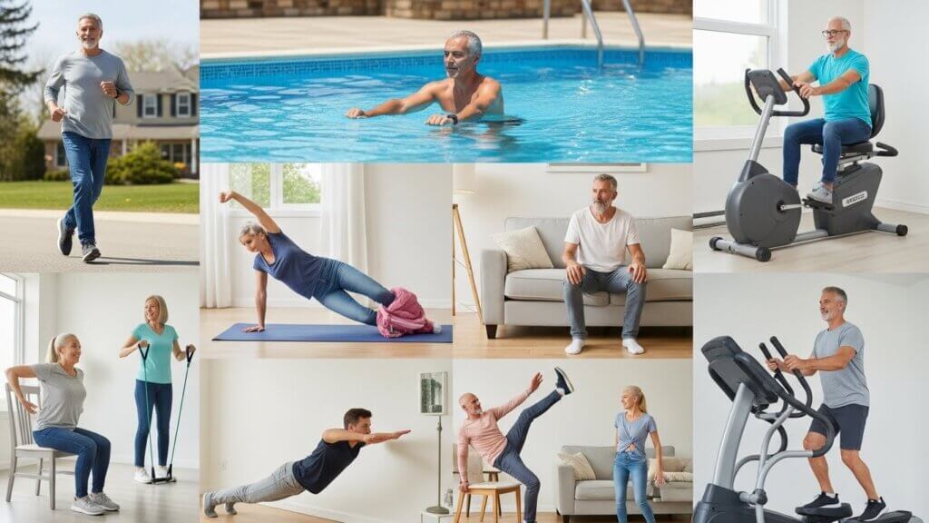 Collage of older adults engaging in various exercises including jogging, swimming, resistance training, yoga, cycling, and elliptical workouts.