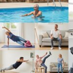 Collage of older adults engaging in various exercises including jogging, swimming, resistance training, yoga, cycling, and elliptical workouts.