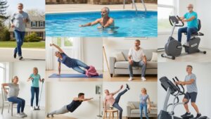 Collage of older adults engaging in various exercises including jogging, swimming, resistance training, yoga, cycling, and elliptical workouts.