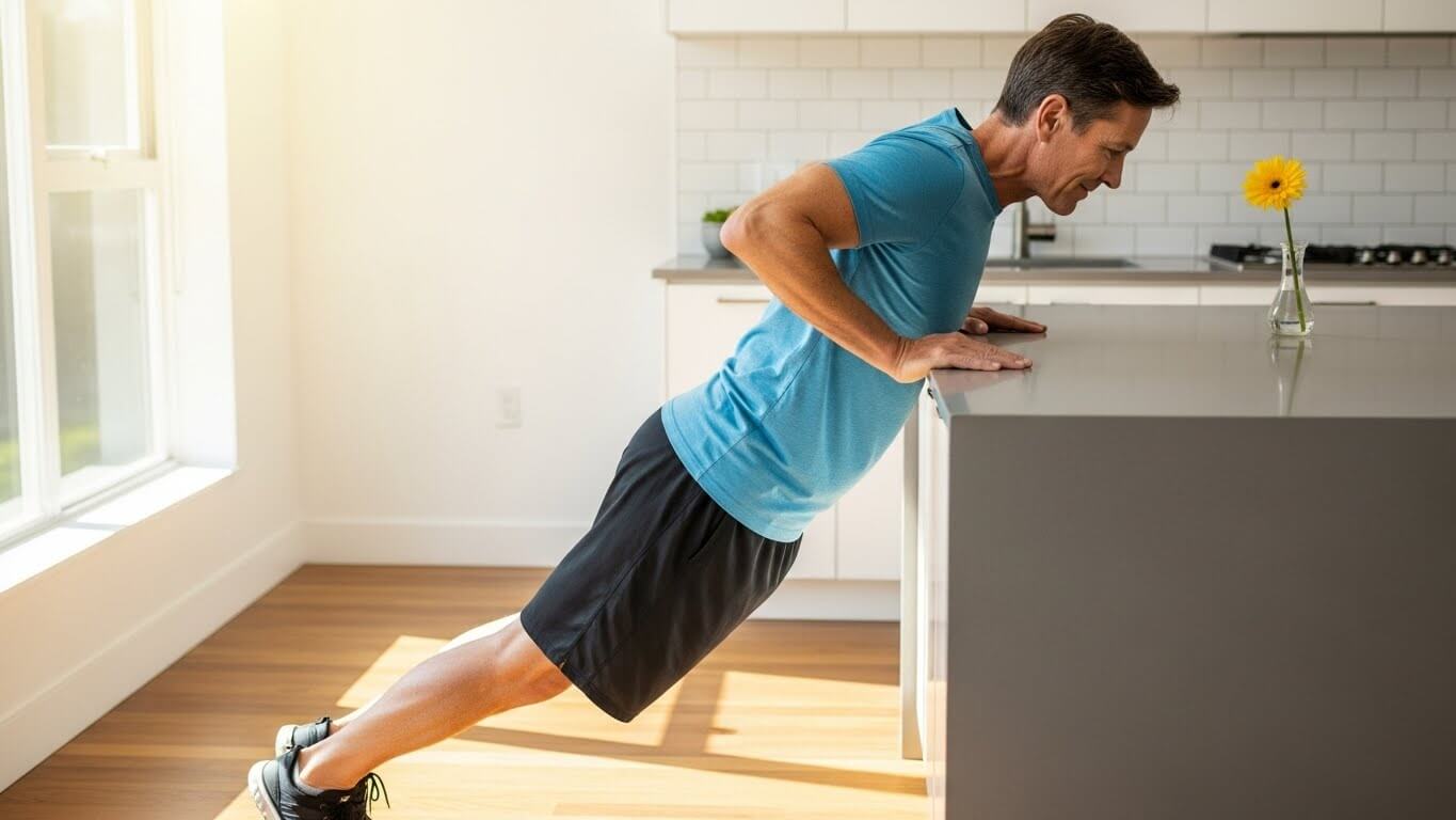 Man in blue shirt doing incline push-ups against kitchen counter with yellow flower in vase nearby