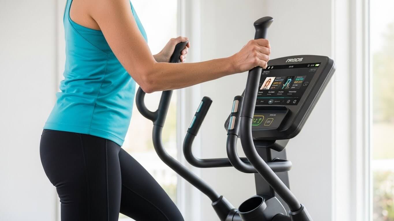 Person exercising on a Mads elliptical machine wearing a turquoise tank top and black leggings