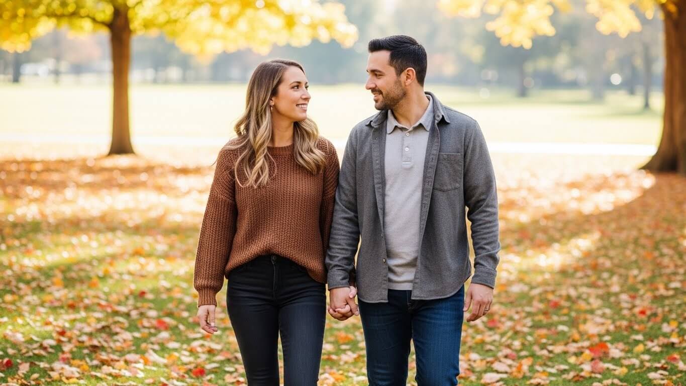 Couple holding hands and walking in a park with autumn leaves and trees in the background