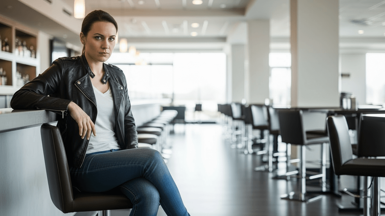 Woman in a black leather jacket and white shirt sitting on a bar stool in a modern empty cafe.