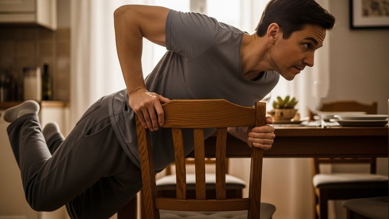 Man in gray workout clothes doing incline push-ups using a wooden chair in a dining room.