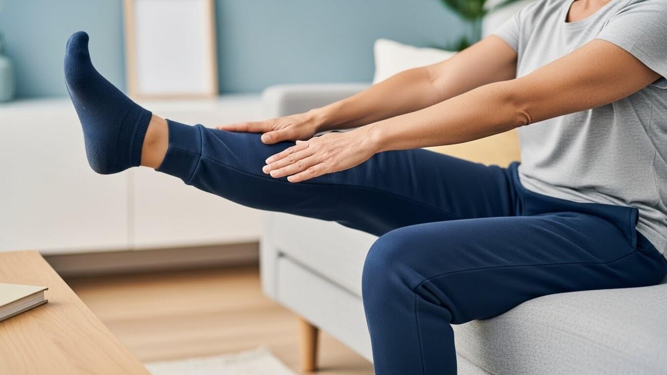Person in gray shirt and navy pants stretching leg while sitting on a couch