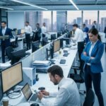 busy modern office with employees working at desks and walking around in business attire
