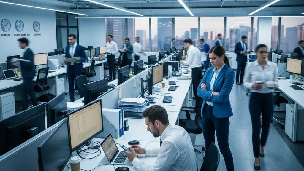 busy modern office with employees working at desks and walking around in business attire