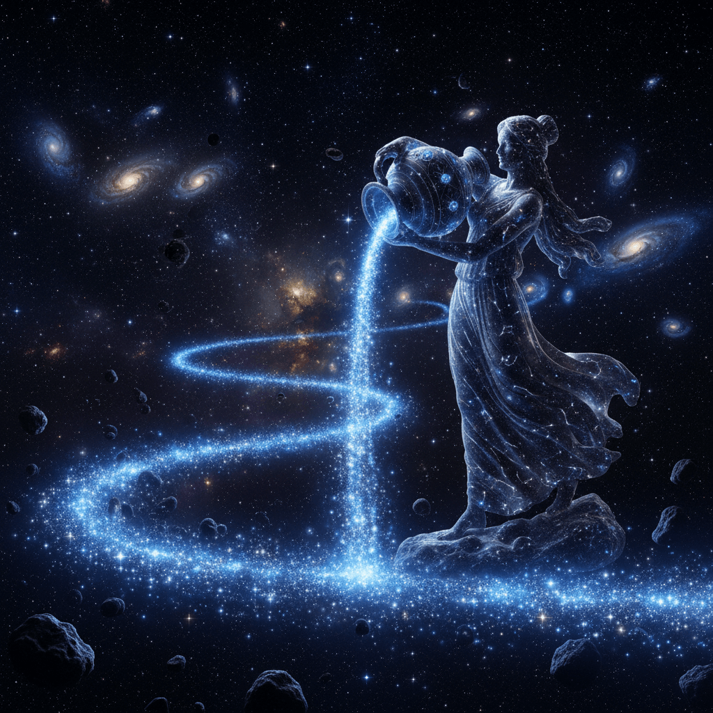 Cosmic figure of Aquarius pouring a glowing stream of stars and galaxies in outer space.