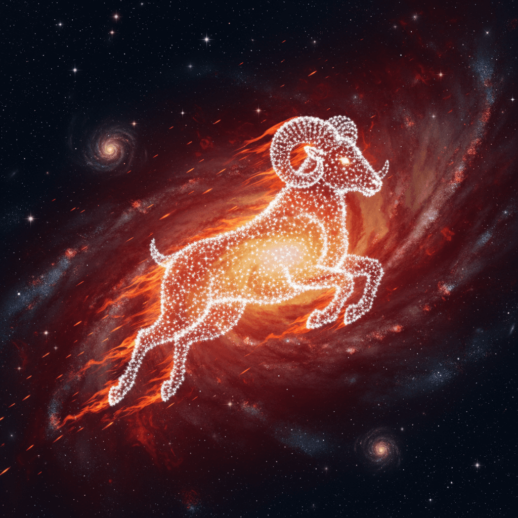 Glowing Aries zodiac constellation shaped like a ram leaping through a fiery galaxy background