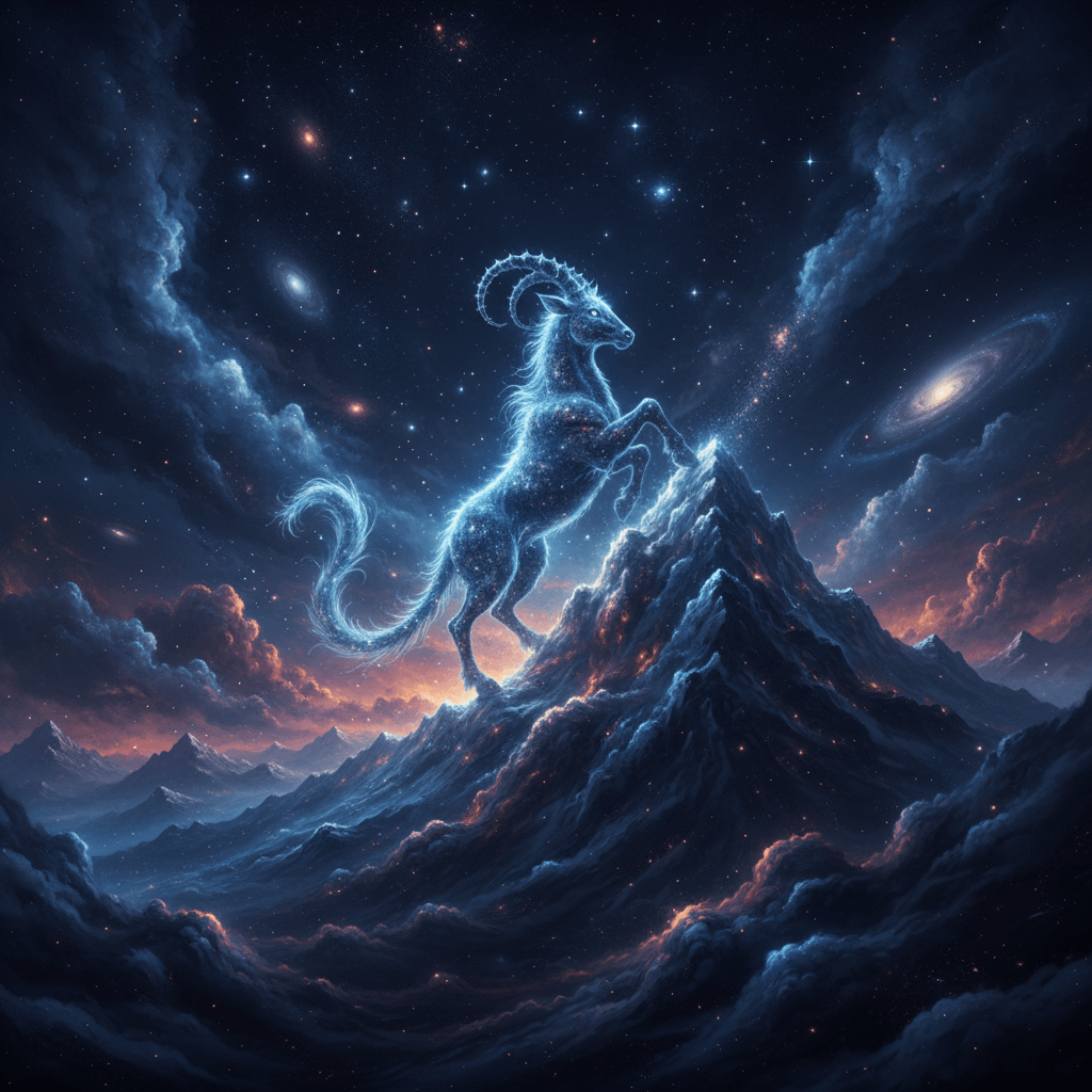 Glowing celestial goat constellation standing on a mountain peak under a starry cosmic sky with galaxies.