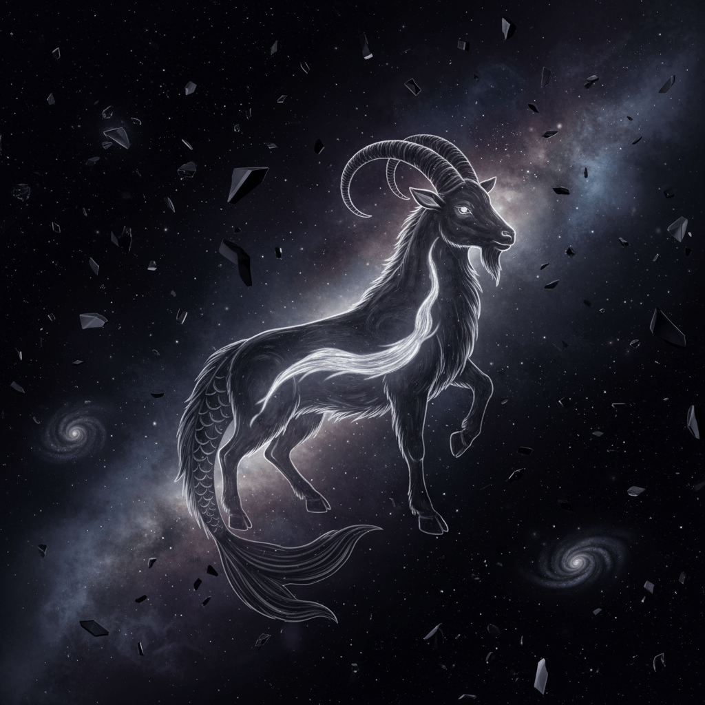 Mythical Capricorn creature with a goat upper body and fish tail floating in space with galaxies and debris