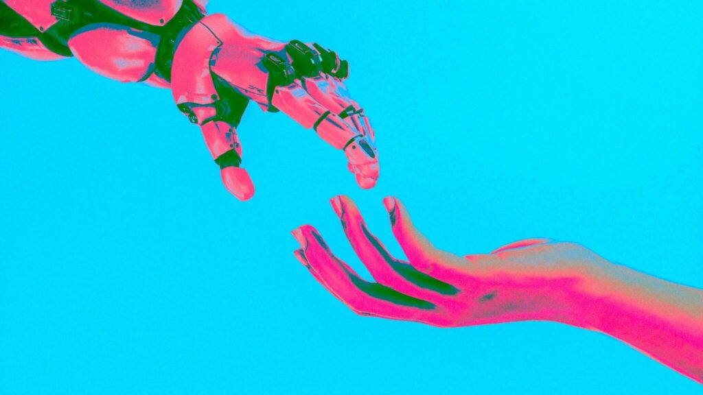 Robot hand reaching toward human hand on bright blue background with pink and green lighting effects