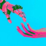 Robot hand reaching toward human hand on bright blue background with pink and green lighting effects