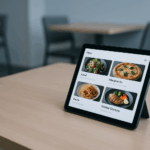 Tablet displaying a digital menu with salad, margherita pizza, pasta, and grilled chicken on a wooden table.