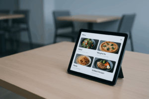 Tablet displaying a digital menu with salad, margherita pizza, pasta, and grilled chicken on a wooden table.