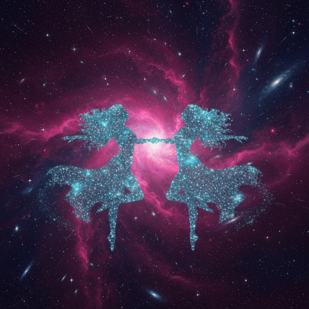 Two sparkling starry female figures dancing in front of a pink cosmic nebula background