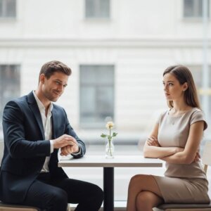 Man in suit checking watch and woman in beige dress sitting with arms crossed at cafe table with flower vase