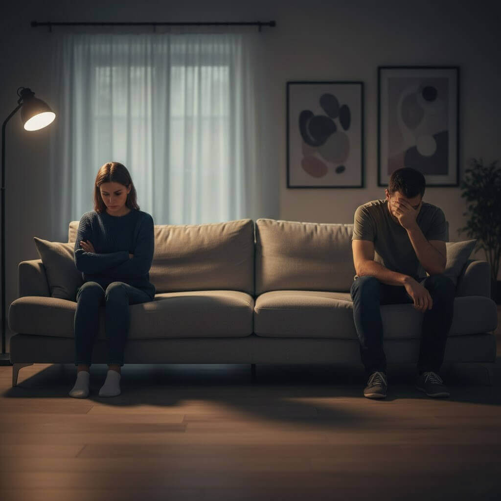 Couple sitting apart on a couch in a dimly lit room, both looking upset and avoiding eye contact.