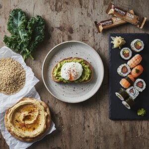 Avocado toast with poached egg, sushi platter, hummus on pita, quinoa, kale leaf, and two protein bars on wooden table.