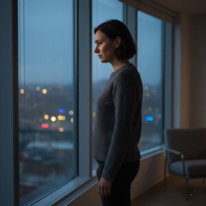 Woman in gray sweater looking pensively out a large window at city lights during dusk