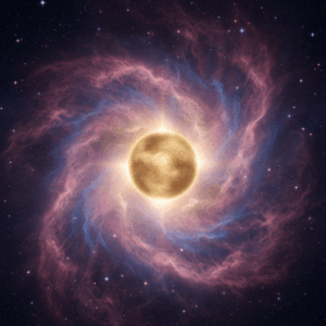 Golden star surrounded by swirling pink and blue cosmic nebula in deep space with scattered stars.