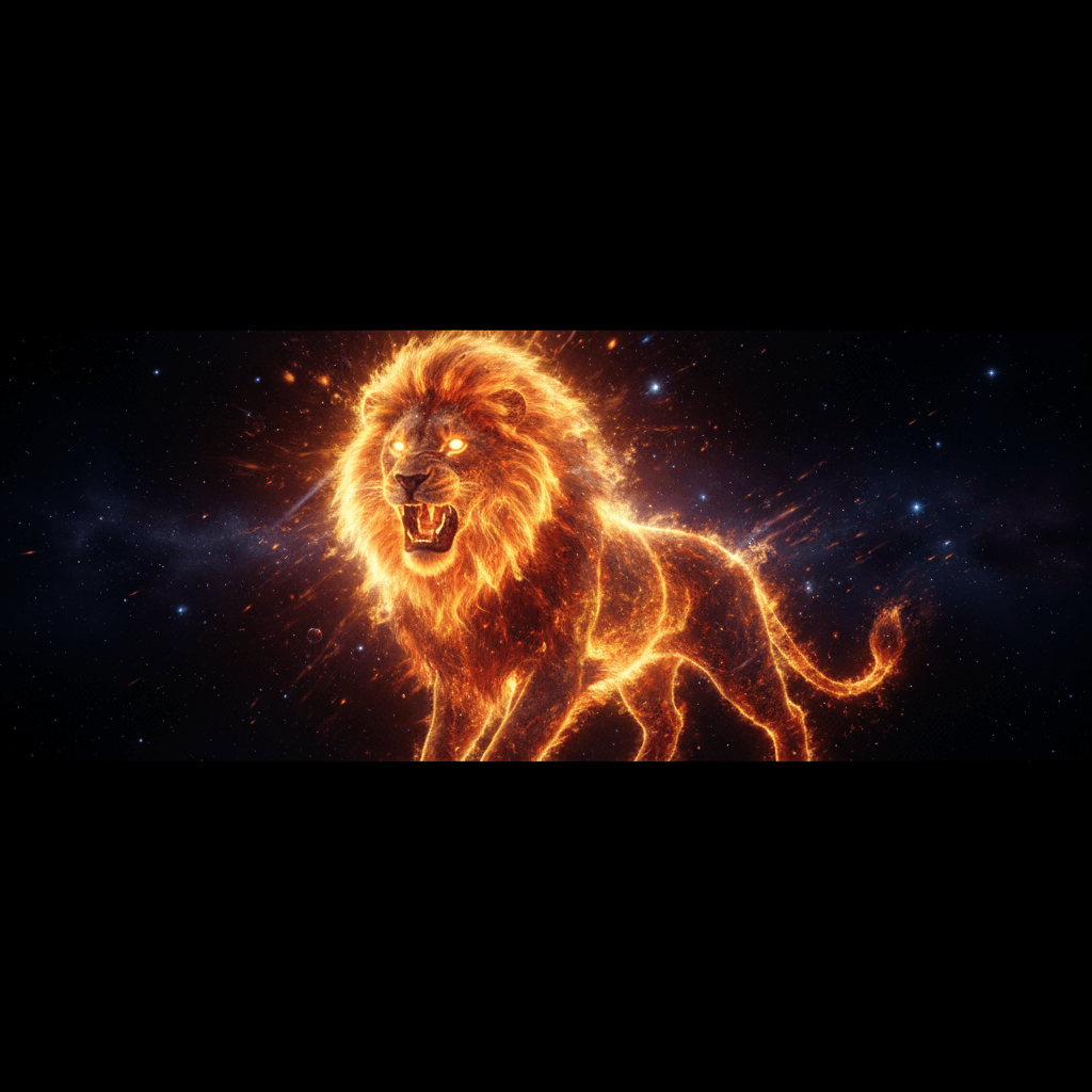Fiery glowing lion with blazing mane and eyes standing against a starry cosmic background
