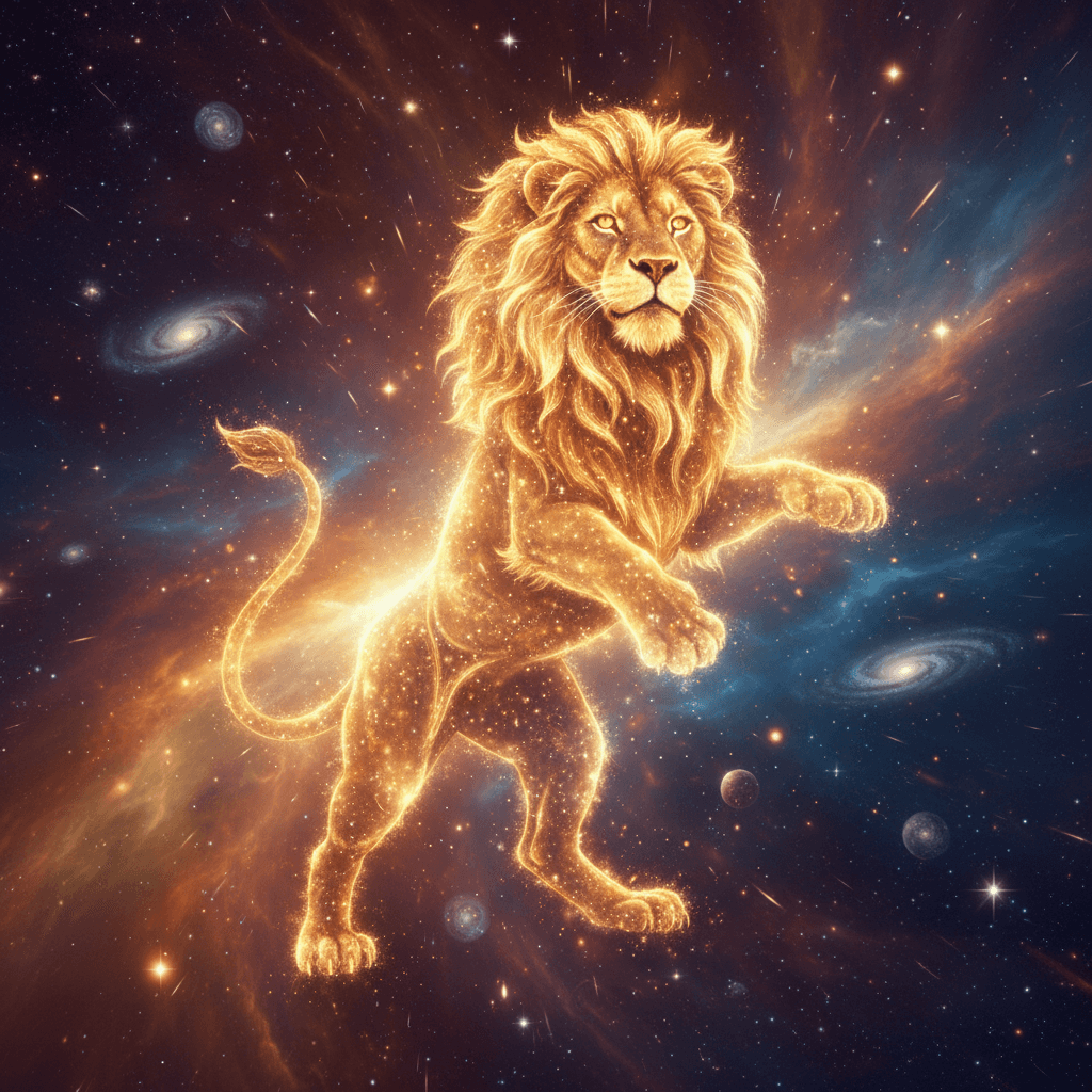 Glowing cosmic lion constellation surrounded by galaxies and stars in deep space.