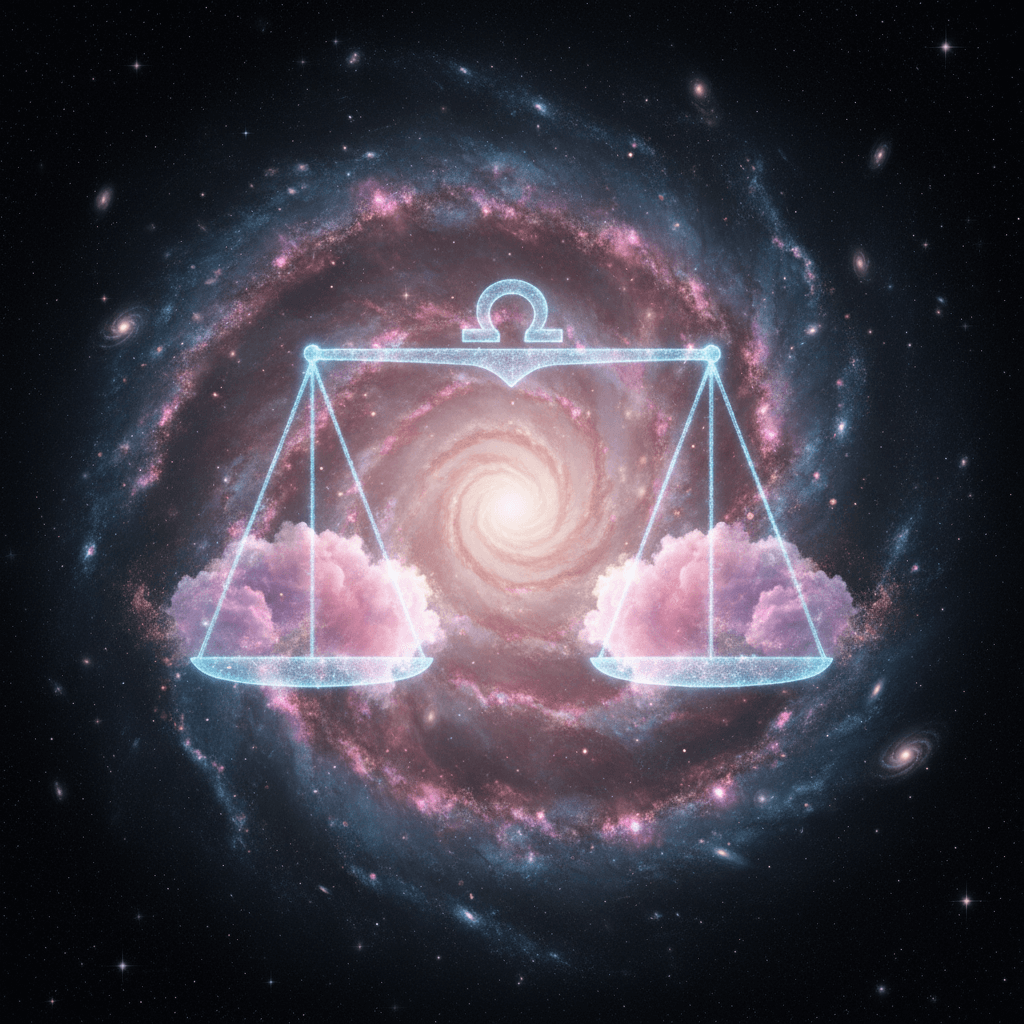 Glowing Libra zodiac scales with pink clouds in a spiral galaxy background