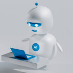 3D white robot with blue accents using a blue laptop on a floating desk against a gray background