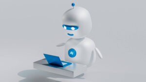 3D white robot with blue accents using a blue laptop on a floating desk against a gray background