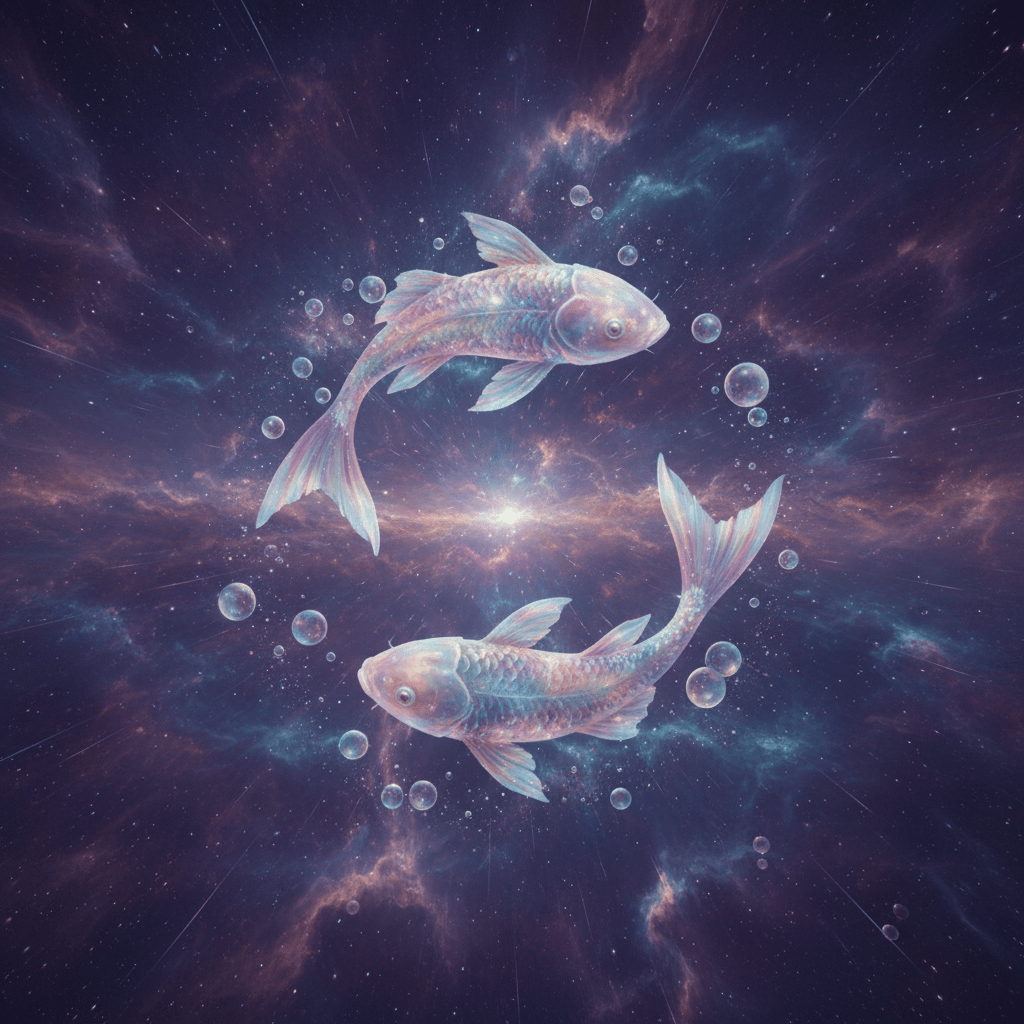 Two iridescent koi fish swimming in a cosmic space background with bubbles around them