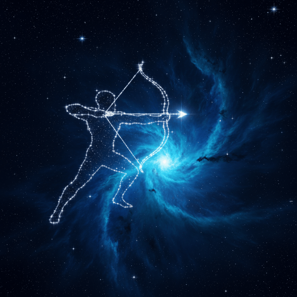 Sagittarius zodiac constellation shaped like an archer with bow and arrow against a blue cosmic nebula background.