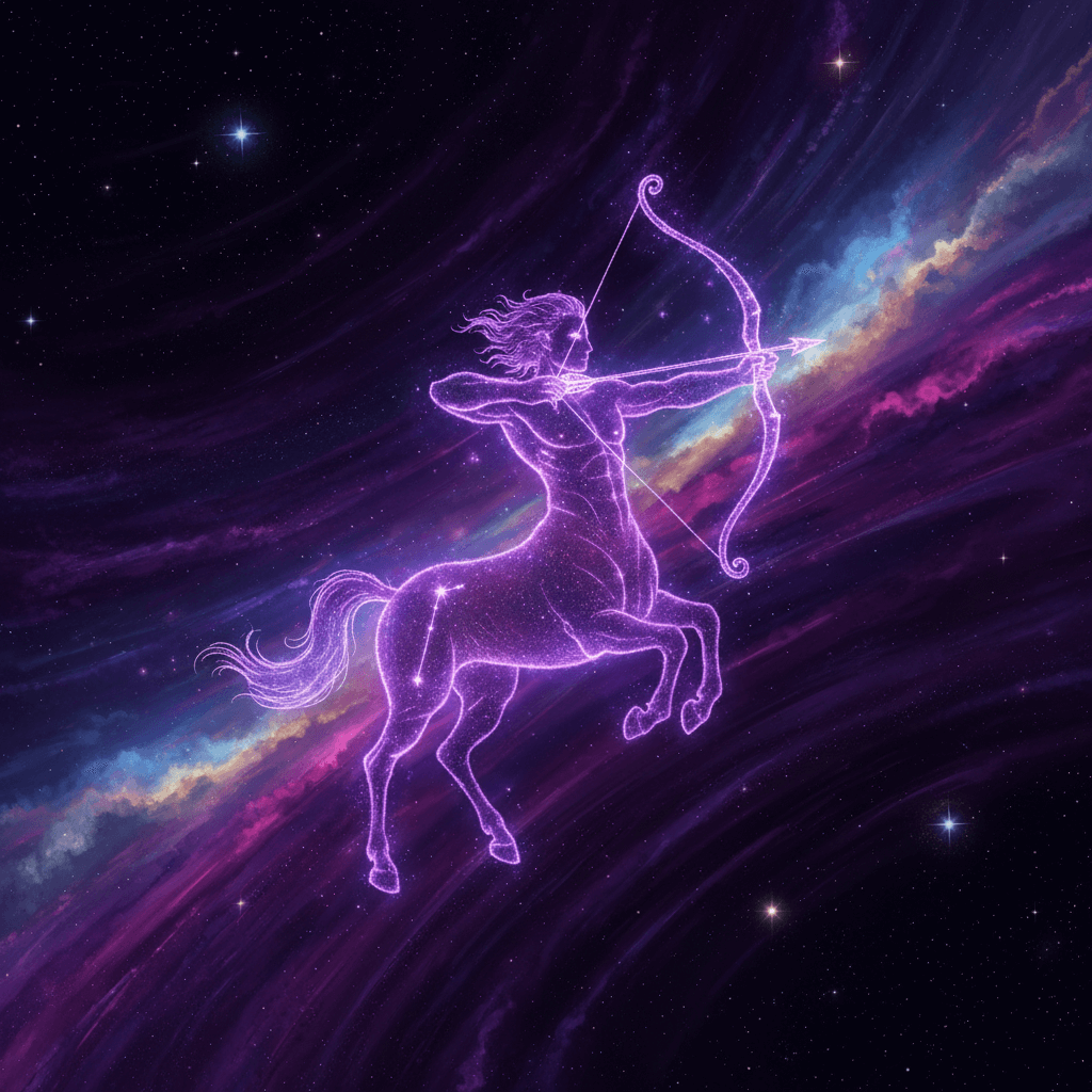 Glowing purple Sagittarius constellation centaur archer aiming an arrow in a colorful cosmic galaxy background