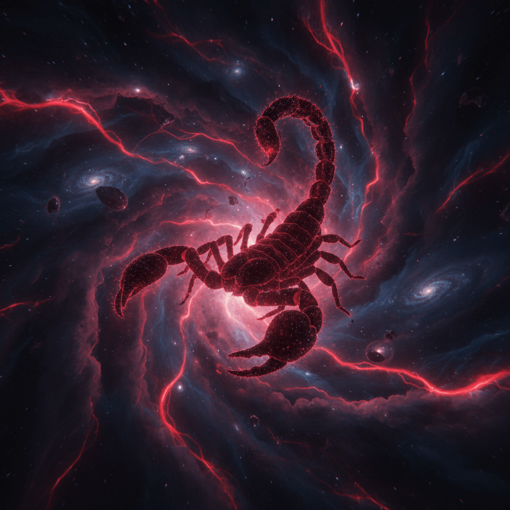 Glowing red scorpion constellation with cosmic nebula and galaxies in the background
