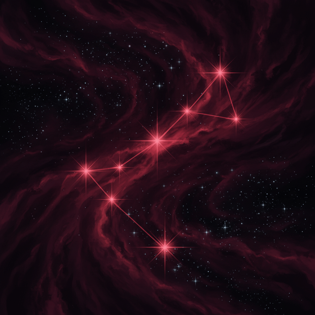 Orion constellation with bright red stars connected by glowing lines against a dark cosmic background