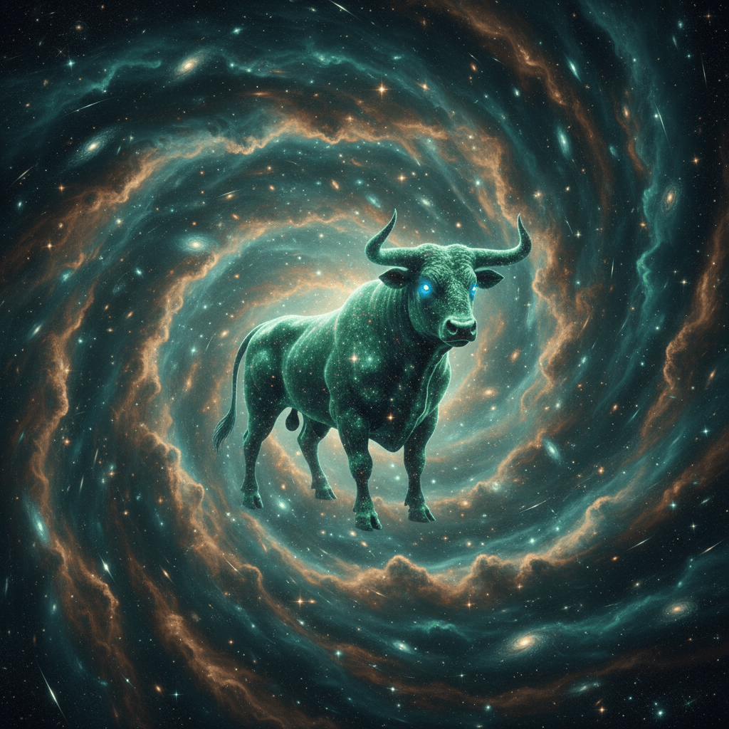 Glowing cosmic bull with blue eyes standing in the center of a swirling galaxy spiral.