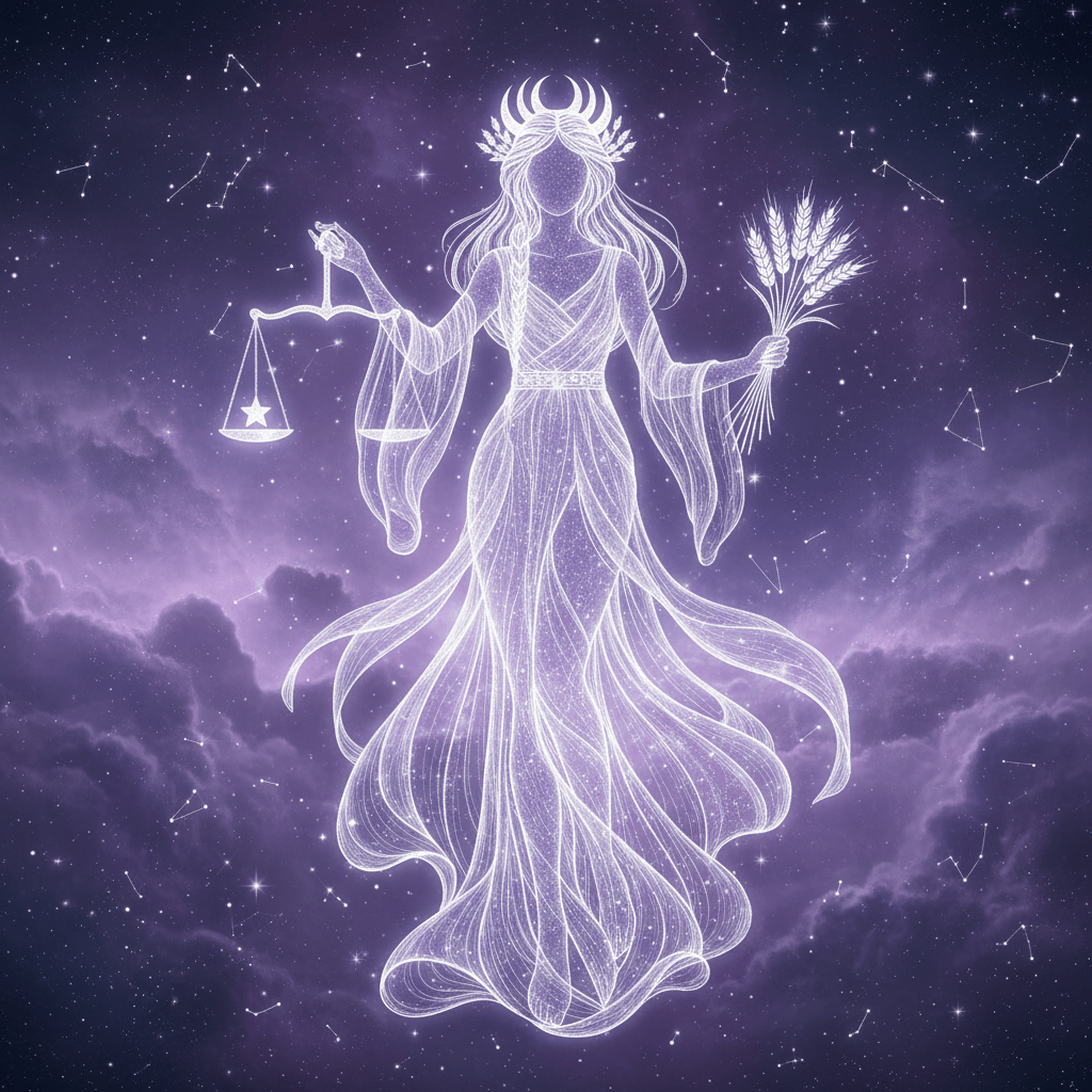 Astrological Virgo constellation depicted as a glowing woman holding scales and wheat against a starry purple sky.