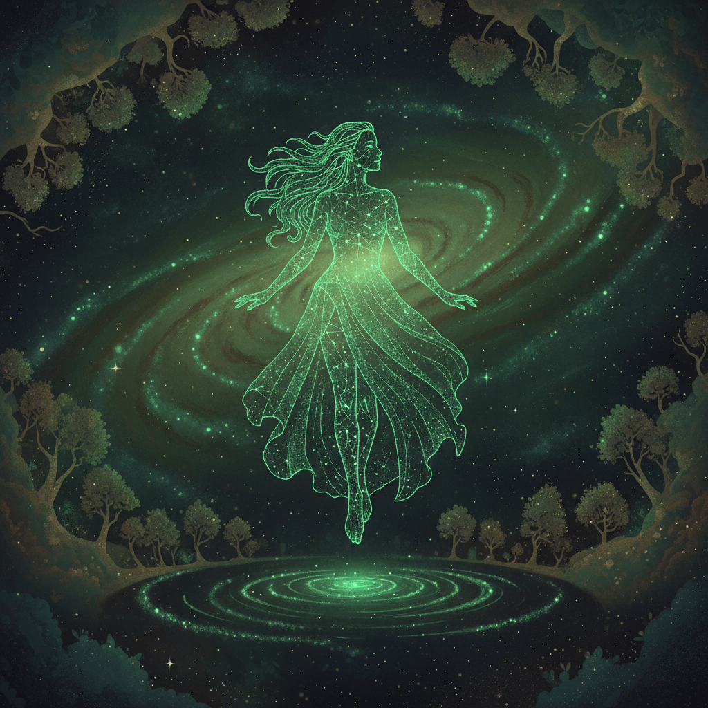 Glowing constellation woman floating above a cosmic spiral galaxy surrounded by trees and stars.