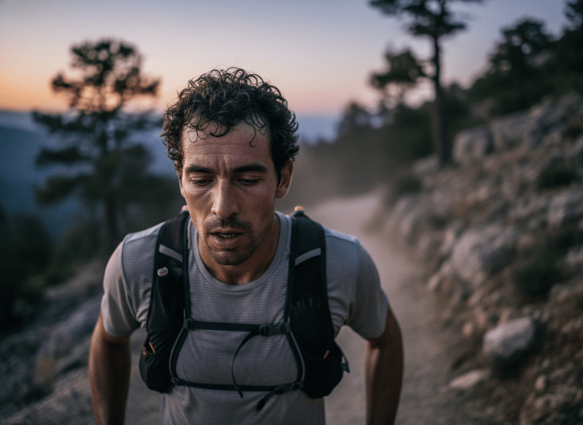 Man wearing a hydration pack running on a rocky trail at dusk in a forested area.