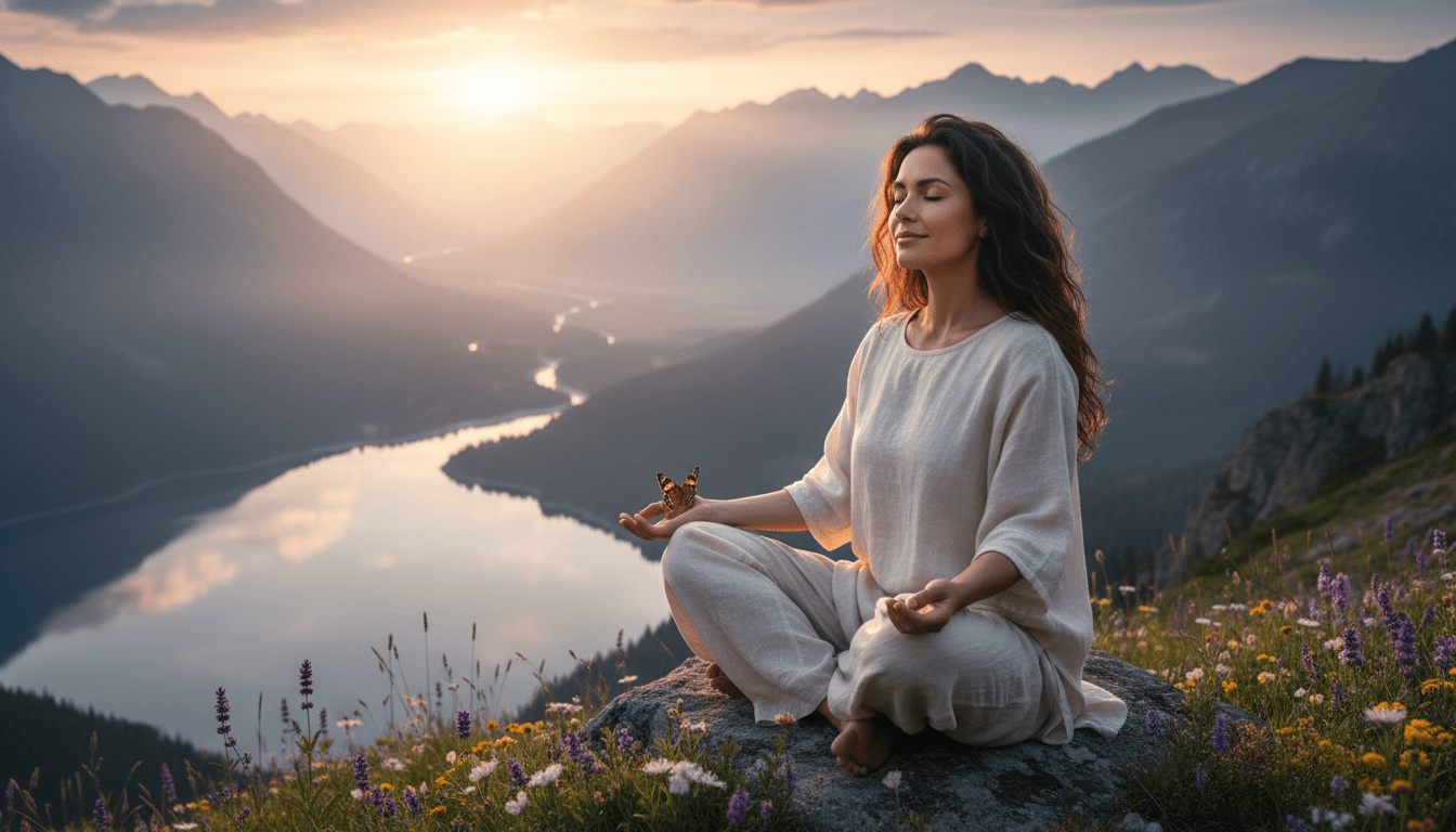 Woman meditating on a mountain rock at sunset with a butterfly on her hand and wildflowers around.