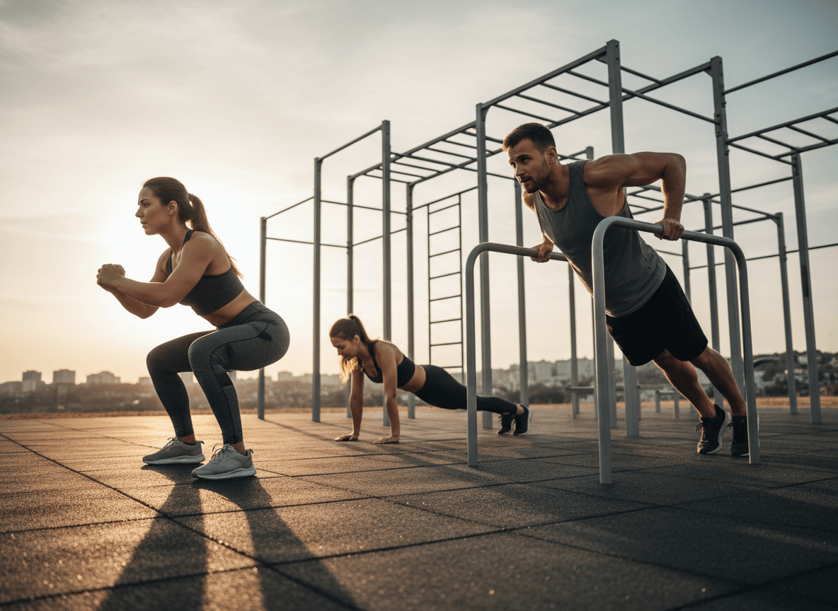 Three people exercising outdoors at sunset doing squats, push-ups, and dips on fitness bars.