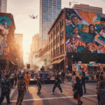 Crowd dancing and a DJ performing on a city street with colorful murals and a food truck at sunset
