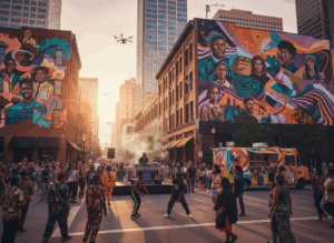 Crowd dancing and a DJ performing on a city street with colorful murals and a food truck at sunset