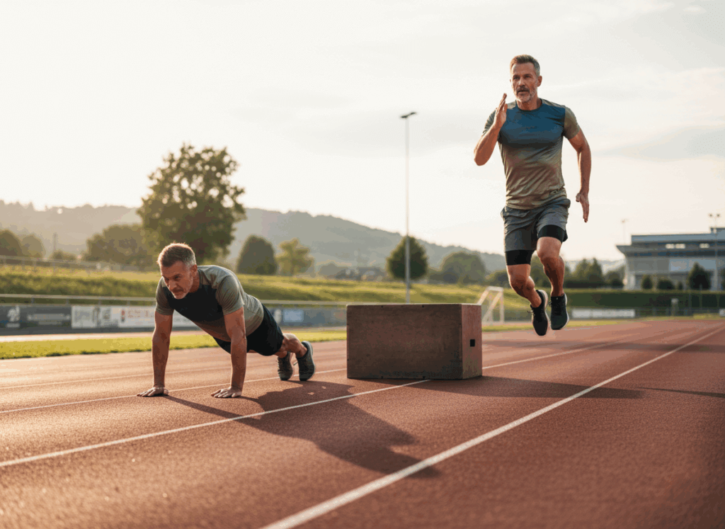 Man doing push-ups and another man jumping over a wooden box on an outdoor running track at sunset