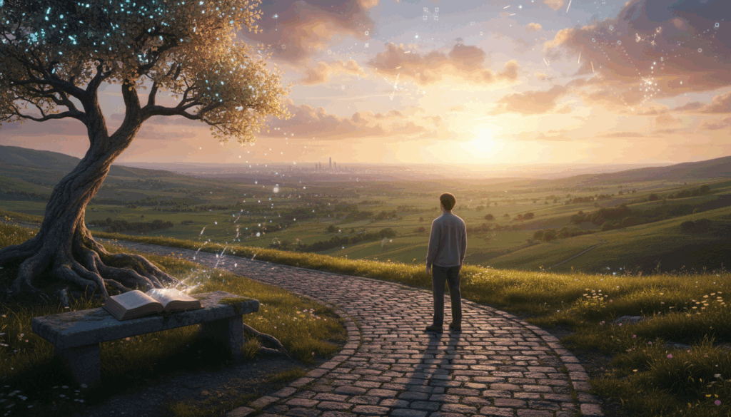 Person standing on a cobblestone path at sunset near a glowing magical book on a bench under a tree in a green landscape.