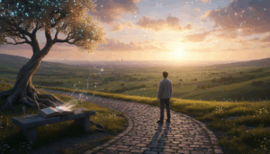 Person standing on a cobblestone path at sunset near a glowing magical book on a bench under a tree in a green landscape.
